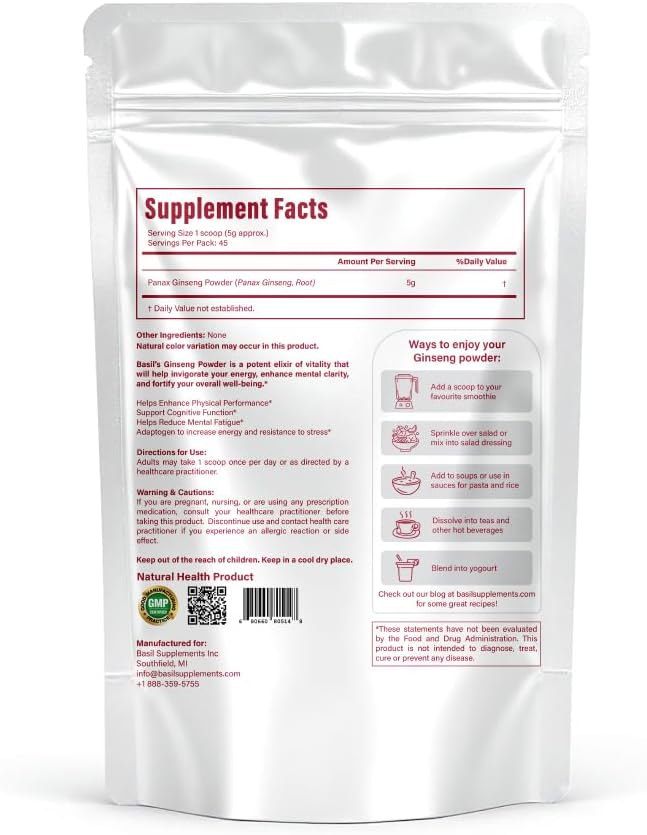 Organic Ginseng Powder, Pure Panax Ginseng Root Powder | Natural Energy, Focus & Immune Support | Korean Herbal Adaptogen | Non-GMO, No Fillers, Smoothie-Ready Superfood.