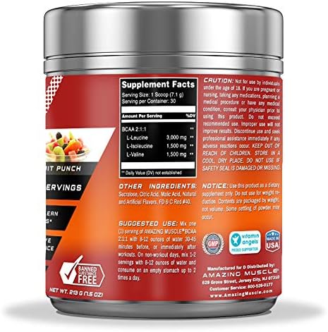 Amazing Muscle BCAA 2:1:1 Branched Chain Amino Acids Supplement | 6,000 Mg Per Serving | Fruit Punch Flavor | 30 Servings