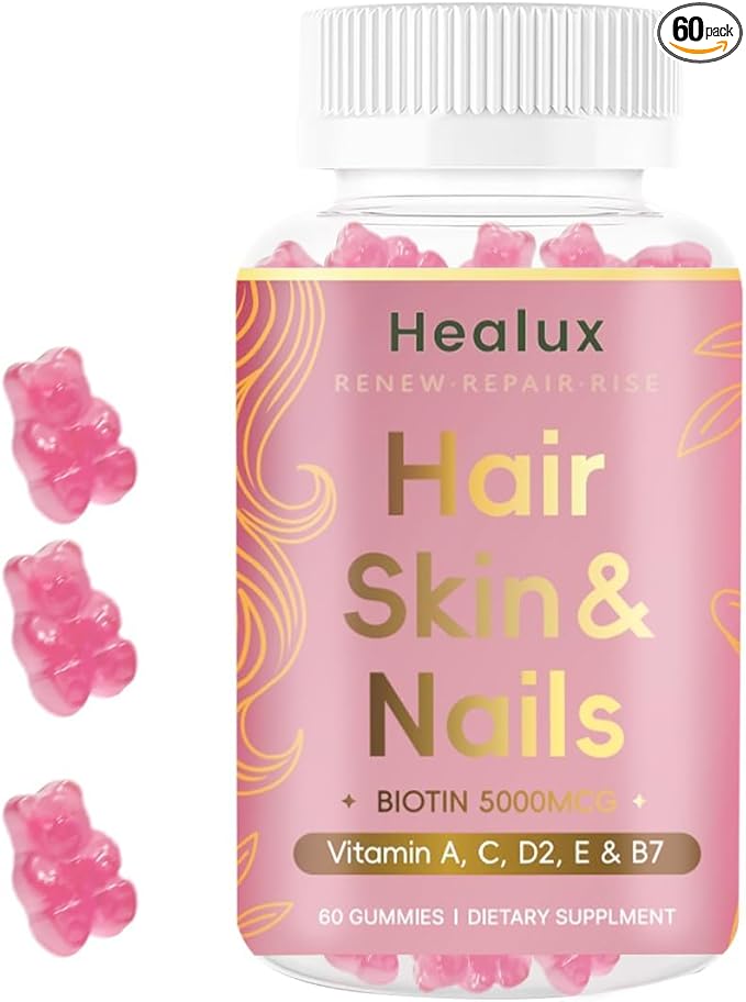 Hair Skin and Nails Gummies, 5000 mcg Biotin with Vitamins A, C, D2 & E, B-Complex, Zinc & Iodine, Hair Skin and Nails Vitamins for Women & Men, Supports Hair Growth, Nails, Glowing Skin - 60 Gummies