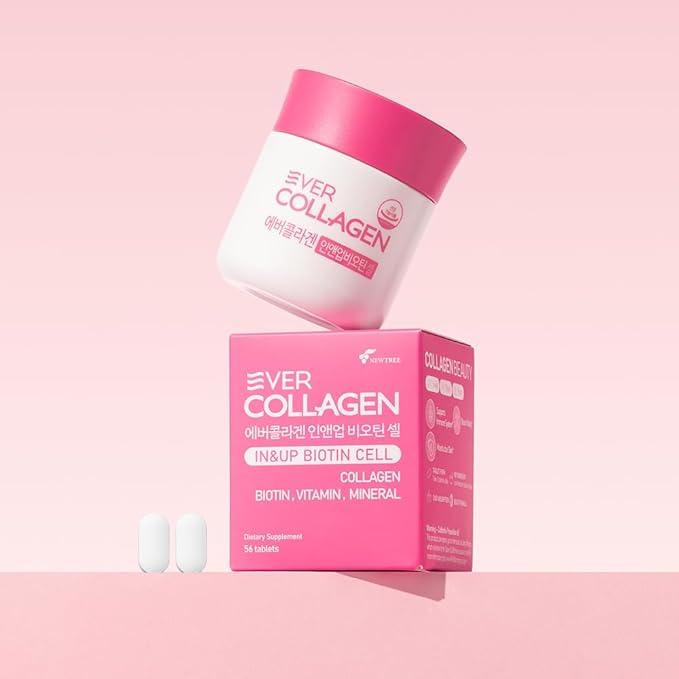 Ever Collagen in&UP Biotin Cell, Low Molecular Marine Fish Collagen Peptides Tablets with Vitamin Selenium Supplements - Healthy Skin, Hair, Nail for Women - Antioxidant Supplement