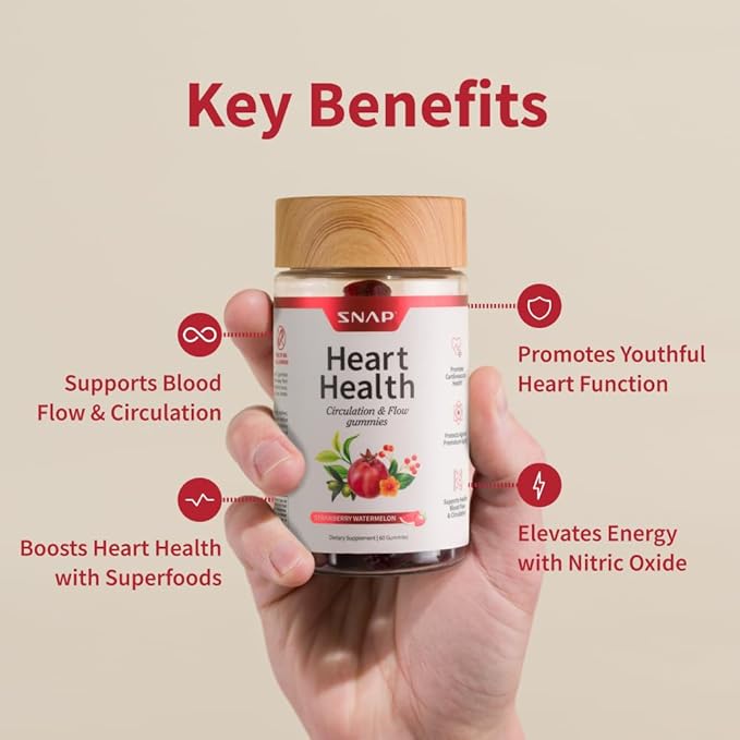 Snap Supplements Heart Health Gummies, Blood Circulation Supplements, CoQ10 Heart Health Supplements, Blood Flow Supplement, Sugar Free, 60 Gummies (Pack of 2)