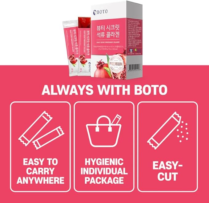 BOTO Beauty Secret Pomegranate Collagen 20g - Korean Beauty Collagen Jelly Stick, Low Molecular Fish Collagen, Pomegranate Flavored - Packs of 15