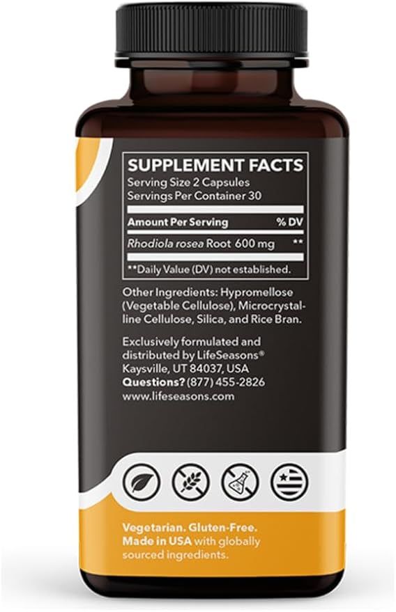 LifeSeasons Rhodiola Root 600mg per 2 Capsules – Adaptogenic Supplement for Natural Energy Mental Clarity Mood Balance Stress Support – 60 Vegan Capsules, Non‑GMO, Gluten‑Free