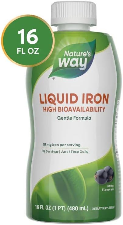 Nature’s Way Liquid Iron Supplement, 18 mg per Serving, Gentle Glycinate Iron, Fast-Absorbing Liquid, Iron for Red Blood Cell Support and Energy Metabolism*, No Sugar Added, Berry Flavored, 16 Fl Oz