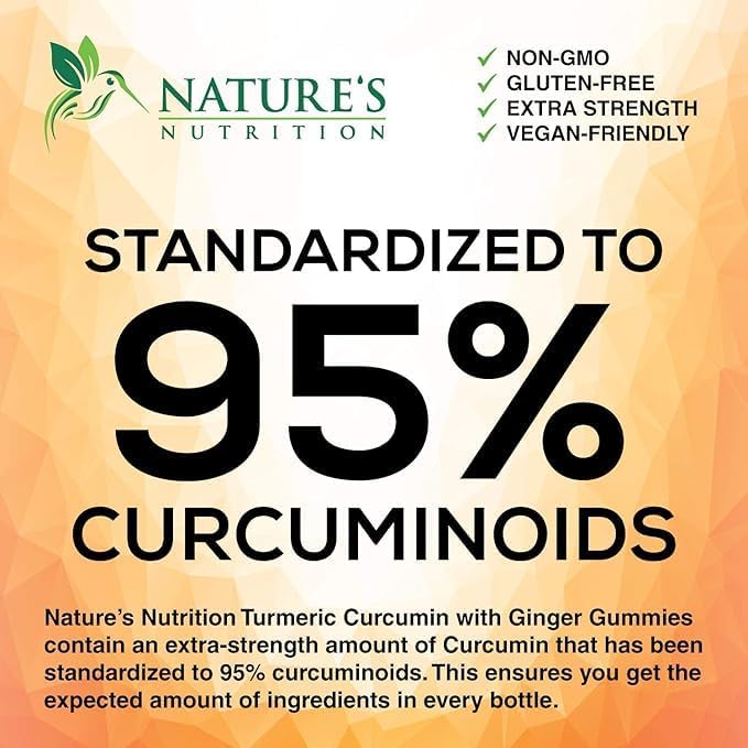 Turmeric Curcumin Supplement Gummies - 95% Curcuminoids with Turmeric & Ginger, Black Pepper for Best Absorption, Nature's Vegan Joint Support, Non-GMO, Gluten Free, Tasty Peach Flavor - 120 Gummies
