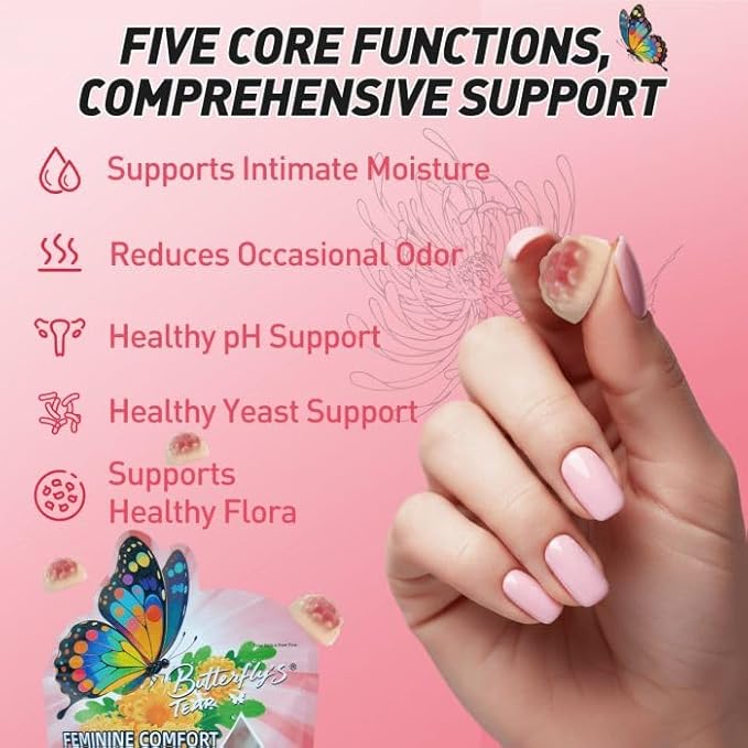 BUTTERFLY'S TEAR Women's Probiotic Gummies | 18-in-1 Feminine Comfort & Urinary Tract Support | 14 Probiotics + 4 Prebiotics | Peach Flavor | Intimate Moisture, pH Balance, Healthy Flora, 180 Chew