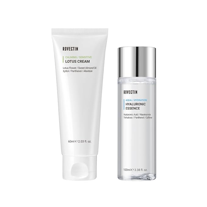ROVECTIN 2-Step Hydrating & Calming Set – Aqua Hyaluronic Essence & Calming Lotus Cream with Niacinamide, Deep Moisturizing, Plumping, and Soothing Daily Routine, Vegan Korean Skincare Set