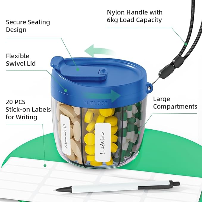 PULIV Portable Pill Dispenser Bottle, Vitamin Organizer with 7 Compartments, Holds Plenty of Supplements with Anti-Mixing & Wide Openings Design, Easy to Retrieve Meds, Includes 20 Labels Royal Blue