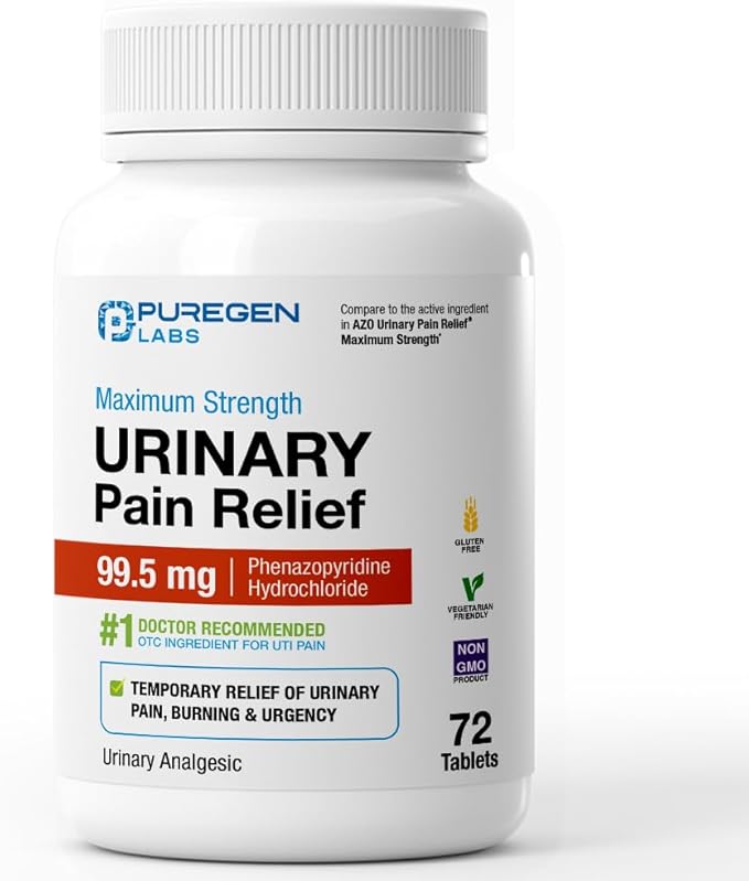 Puregen Labs Urinary Pain Relief | Phenazopyridine HCl 99.5mg Tablets | Maximum Strength OTC for Fast Relief of UTI Pain, Burning and Bladder discomfort – 72 Count Tablets
