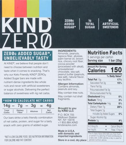 KIND ZERO Added Sugar Bars,Dark Chocolate Nuts and Sea Salt,Keto Friendly Snacks,Gluten Free,5g Protein,5 Count (Pack of 2)