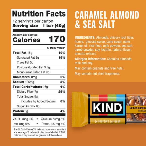 KIND Nut Bars, Caramel Almond & Sea Salt, Healthy Snacks, Gluten Free, Low Sugar, 6g Protein, 12 Count