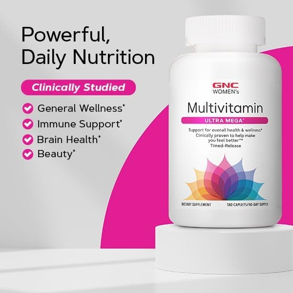 GNC Women’s Ultra Mega Multivitamin Caplets, Clinically Proven to Feel Better, Immune Support, Vitamin A, B, C, D, Iron, Biotin, Beauty, Gluten Free, Timed Release, 90 ct, 45 svgs