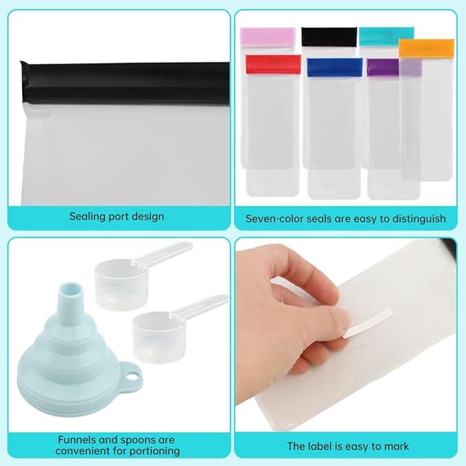 Protein Powder Travel Container Set, 21Pcs Leakproof Powder Dispensers Kit with Funnel, Portable 14pc Single Seal Bags with Labels Spoon and Brush, for Travel Fitness Trip(COLOR:white, black)