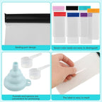 Protein Powder Travel Container Set, 21Pcs Leakproof Powder Dispensers Kit with Funnel, Portable 14pc Single Seal Bags with Labels Spoon and Brush, for Travel Fitness Trip(COLOR:white, black)