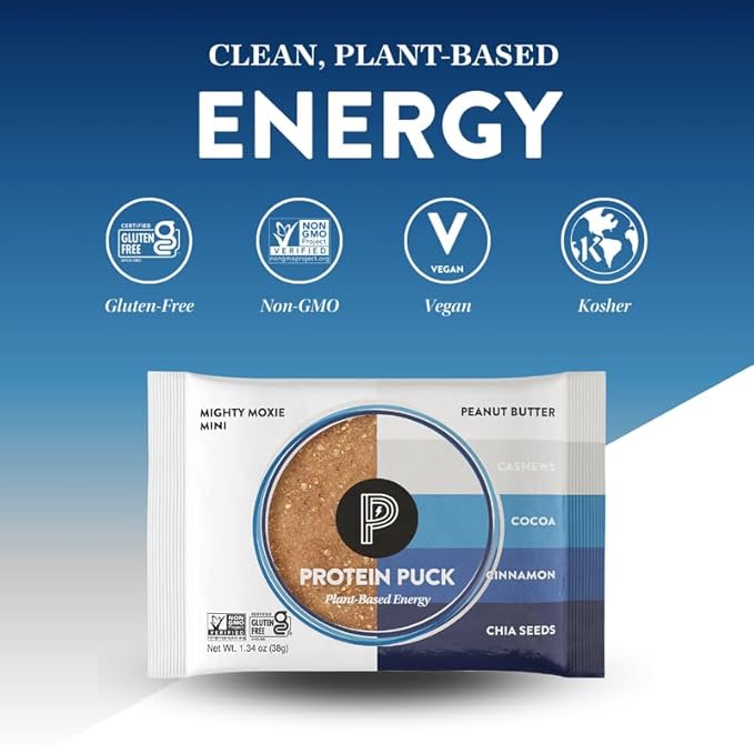 Protein Puck Vegan Plant based Protein Bar – Natural Healthy Snack Bars, 12 Count, 1.34oz Mini, Gluten Free, Dairy Free, No GMO, Kosher – Mighty Moxie – Cocoa, Cashew, Cinnamon, Sport Nutrition