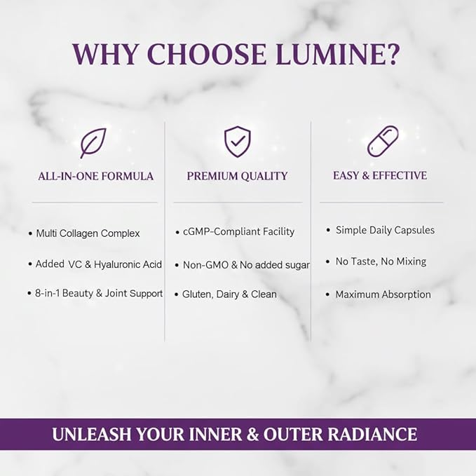 LUMINE Multi Collagen Complex Capsules – Hydrolyzed Protein Peptides Types I, II, III, V & X for Hair, Skin, Nails & Joint Support – Non-GMO, Gluten-Free & Easy to Swallow (120 Capsules)