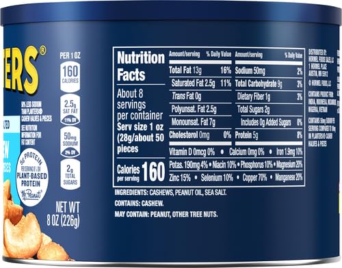 PLANTERS Lightly Salted Cashews, Cashew Halves & Pieces, Plant-Based Protein, 8 Oz Canister, Great Party Snack (Pack of 2)