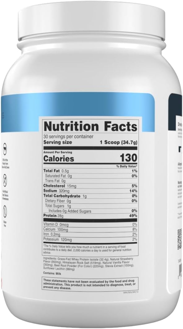 Transparent Labs Grass-Fed Whey Protein Isolate - Natural Flavor, Gluten Free Whey Protein Powder w/ 28g of Protein per Serving & 9 Essential Amino Acids - 30 Servings, Strawberry Milkshake