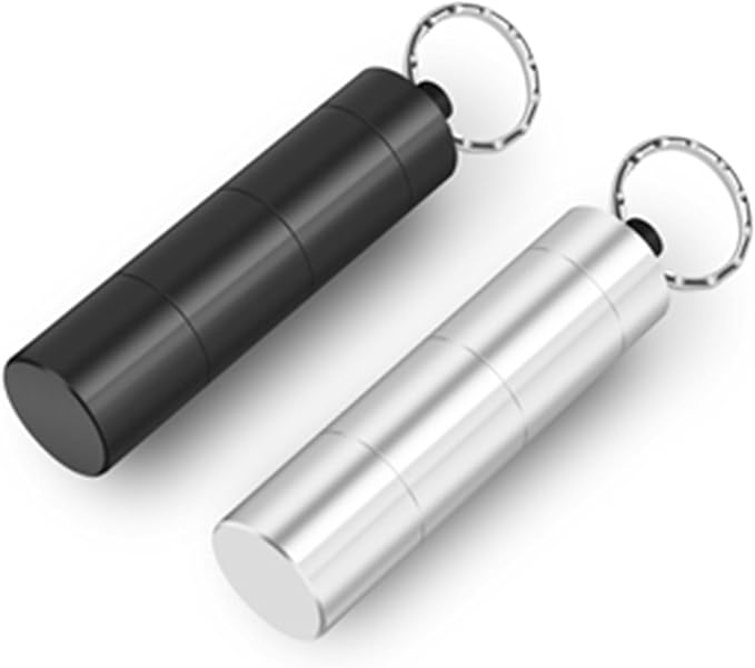 Opret 2 Pack Keychain Pill Holder, 3 Compartments Metal Small Pill Case, Waterproof Portable Travel Pill Box, Pill Container for Purse, Matte Black & Silver