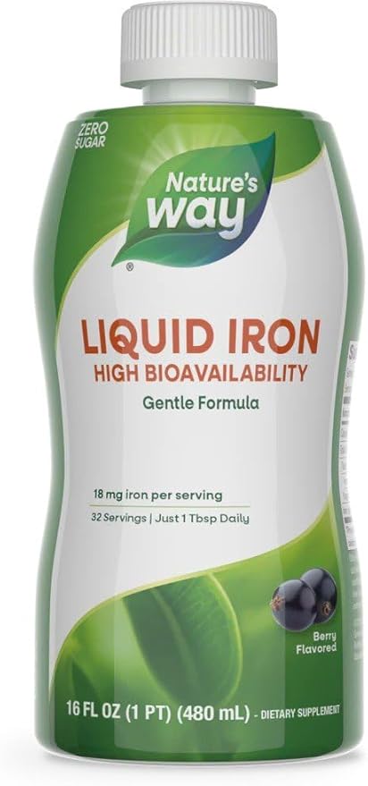 Nature’s Way Liquid Iron Supplement, 18 mg per Serving, Gentle Glycinate Iron, Fast-Absorbing Liquid, Iron for Red Blood Cell Support and Energy Metabolism*, No Sugar Added, Berry Flavored, 16 Fl Oz
