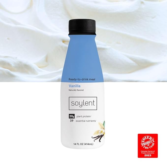 Soylent Vanilla Meal Replacement Shake,Ready-to-Drink Plant Based Protein Drink,Contains 20g Complete Vegan Protein and 1g Sugar,14oz,(Pack of 24)