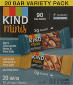 KIND Minis Snack Bars,Dark Chocolate Nuts & Sea Salt and Caramel Almond & Sea Salt,3g Sugar,Gluten Free Bars,Variety Pack,0.7 OZ,20 Count (Pack of 2)