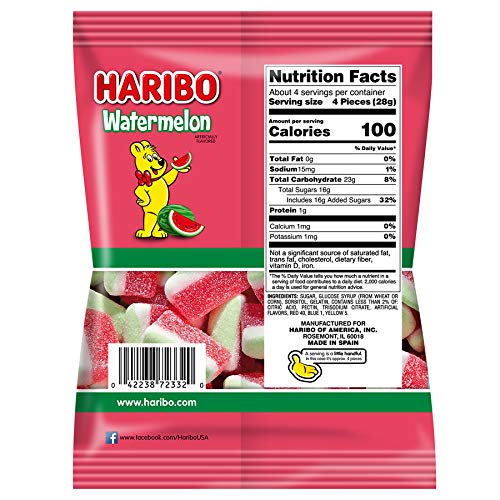 HARIBO Gummi Candy, Watermelon Gummy Candy, 4.1 Ounce Share Size Bags (Pack of 12) Delicious Soft, Chewy & Juicy Sweet Snacks, Fruity Watermelon Flavor