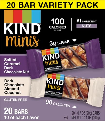 KIND Mini Nut Bars, Variety Pack, Salted Caramel Dark Chocolate Nut and Dark Chocolate Almond Coconut, Low Calorie Snacks, Gluten Free, Low Sugar, 2-3g Protein, 20 Count (Pack of 2)