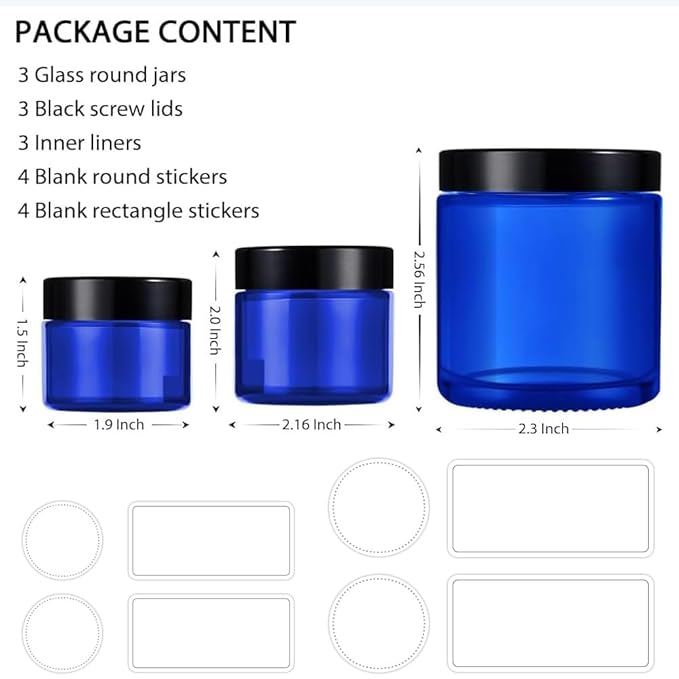 Tecohouse Glass Jar with Lids, 4 oz, 2 oz and 1 oz Glass Jars with Lids & Stickers, Reusable Travel Containers for Creams, Lotion, Cosmetic - 3 pack
