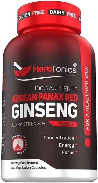 Herbtonics Korean Red Panax Ginseng 1500mg - Energy Supplement for Peak Performance, Focus & Vitality - High Potency Ginseng Root Extract - 240 Vegan Capsules