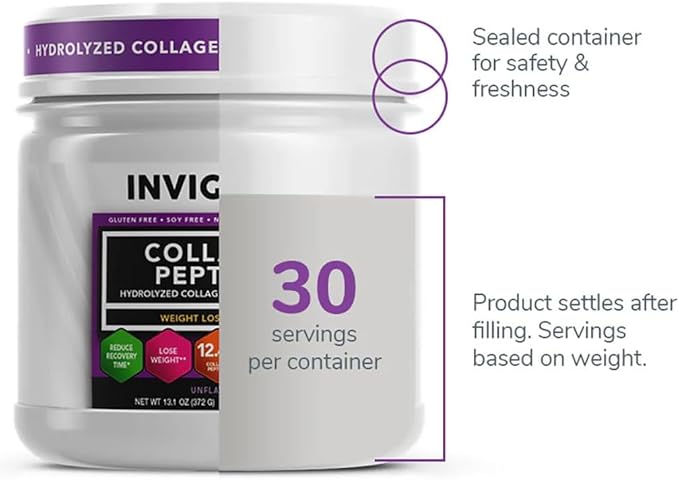 INVIGOR8 Collagen Peptides Powder Hydrolyzed with Vitamin C Type I, II, & III Unflavored Non-GMO Grass-Fed Supplement Supports Joints, Skin, Hair, Nails and Anti-Aging 12.4g