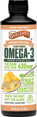 Barlean's Ginger Peach Vegan Omega 3 Supplement, Liquid Algae Oil with 630 mg EPA & DHA, Plant Based Omegas from Algal Oil, Non-GMO & Gluten Free, 16 oz