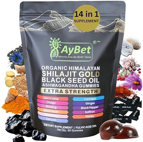 Organic Himalayan Shilajit Gold Gummies for Men and Women, Black Seed Oil, Ashwagandha, Ginseng, Turmeric, Gokshura, Lion's None, Lab Tested,%75 Fulvic Acid, No Sugar Added, Halal, 60Gummy