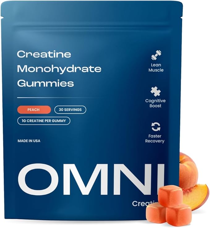 Creatine Monohydrate Gummies - Supports Muscle Growth, Recovery & Brain Function - Convenient & Easy to Take - Great Tasting Peach Flavor - 1g per Gummy, Low Sugar - 90 Count (Peach)