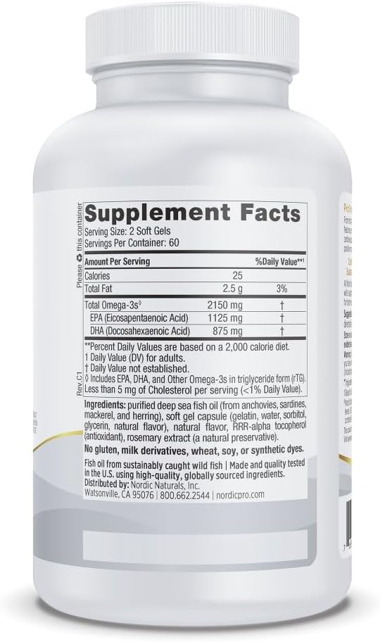 Nordic Naturals ProOmega 2000, Lemon Flavor - 120 Soft Gels - 2150 mg Omega-3 - Ultra High-Potency Fish Oil - EPA & DHA - Promotes Brain, Eye, Heart, & Immune Health - Non-GMO - 60 Servings