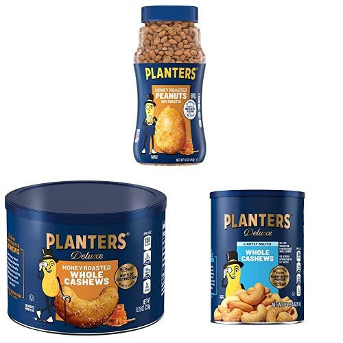 Bundle of PLANTERS Honey Roasted Peanuts, 16 oz. + PLANTERS Deluxe Honey Roasted Whole Cashews, 8.25oz (1 Canister) + PLANTERS Deluxe Lightly Salted Whole Cashews 18.25oz (1 Canister)