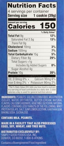 Atkins Peanut Butter High Protein Cookie, Keto Snacks, 3g Net Carb, 1g Sugar, Low Sugar Snacks, Low Carb Treats, 4 Count