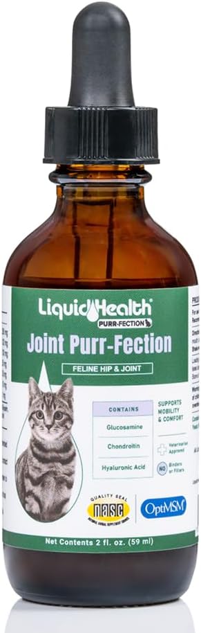 LIQUIDHEALTH Pets Liquid Cat Glucosamine Joint Purr-Fection - Hip & Joint Health Relief Support, Chondroitin Feline Droppers for Senior Older Adult Cats & Kittens - Made in the USA (2 oz)