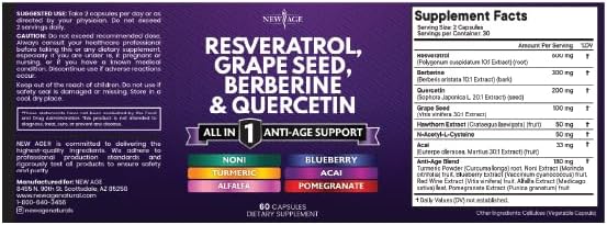 NEW AGE Resveratrol, Berberine, Grape Seed Extract, Quercetin - Polyphenol Supplement for Women and Men with Noni, N-Acetyl Cysteine, Acai - 60 Capsules