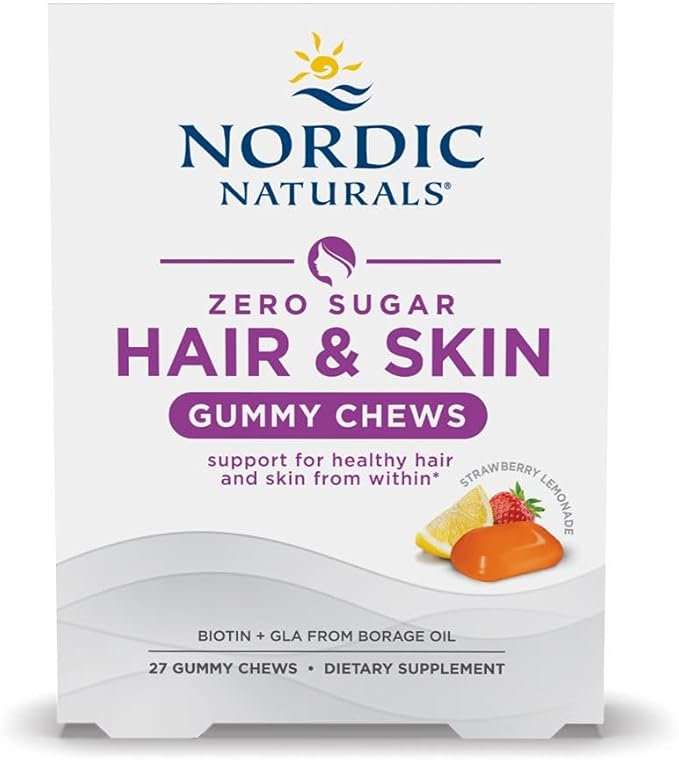 Nordic Naturals Zero Sugar Hair & Skin Gummy Chews, Strawberry Lemonade - 27 Gummy Chews - Biotin + GLA from Borage Oil - Promotes Healthy Balance of Fats in Skin - Non-GMO - 27 Servings