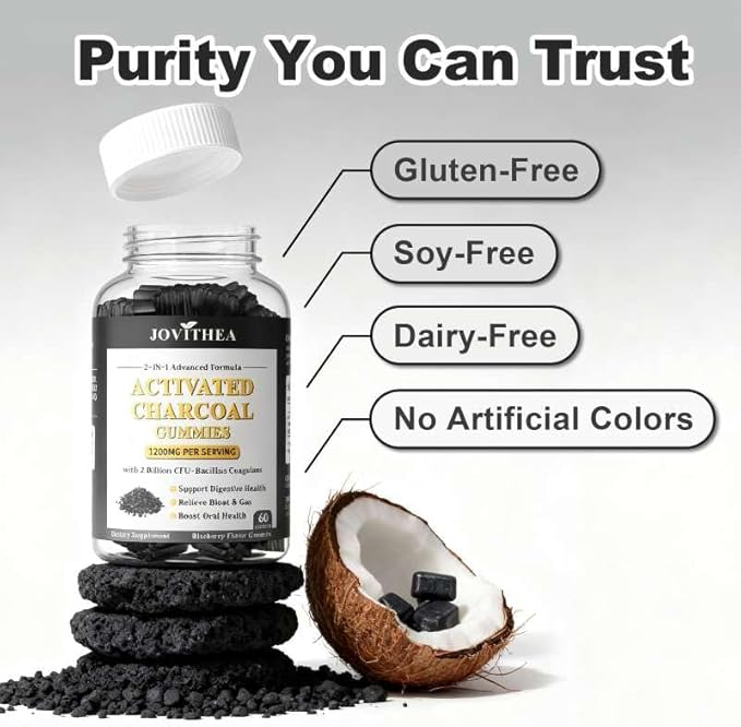 Activated Charcoal Gummies 1200mg, with Organic Coconut Shell Charcoal & 2 Billion Probiotics, Natural Gas & Bloating Relief, Digestive Support, Non-GMO, Vegan, Gluten Free, Blueberry Flavor, 60Ct