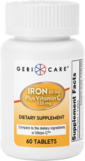 GeriCare Iron 65mg Plus Vitamin C 125mg Tablets – High-Absorption Iron for Anemia Support, Red Blood Cell Production, Fatigue Reduction, and Immune Health – 60 Count