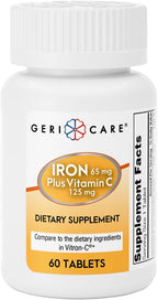 GeriCare Iron 65mg Plus Vitamin C 125mg Tablets – High-Absorption Iron for Anemia Support, Red Blood Cell Production, Fatigue Reduction, and Immune Health – 60 Count