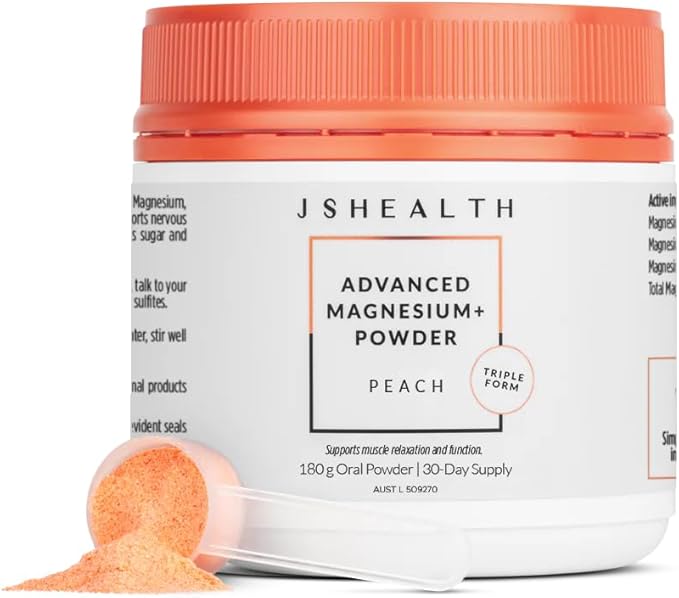 JSHealth Vitamins Advanced Magnesium+ Powder with Magnesium Glycinate & Citrate - 3 Bioavailable Forms, 400 mg/Serving - Peach Flavor