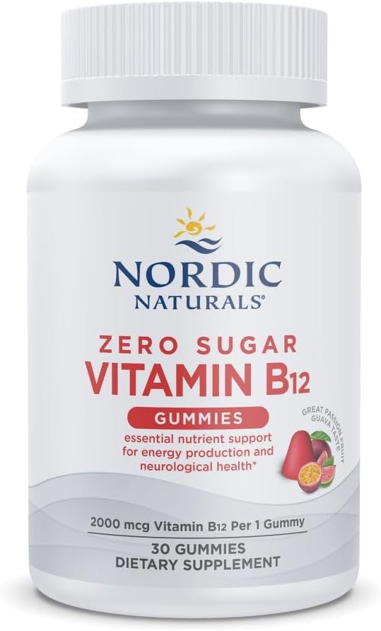 Nordic Naturals Zero Sugar Vitamin B12 Gummies - 2000 mcg Vitamin B12 per Gummy, Passion Fruit Guava Flavor - 30 Gummies, Essential Nutrient Support for Energy Production and Brain Health, 30 Servings