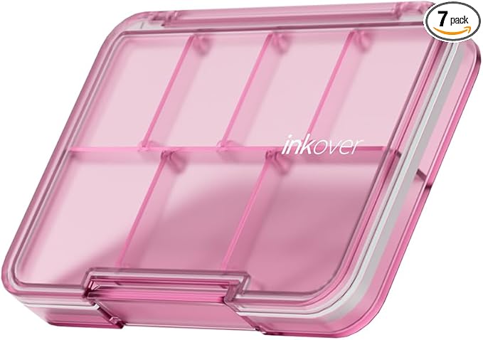 Small Pill Organizer, Waterproof & Portable Pill Case for Daily Travel - Adjustable 7 Compartments Compact Medicine Holder for Vitamins, Pills, Perfect for Purse or Pocket (Pink)