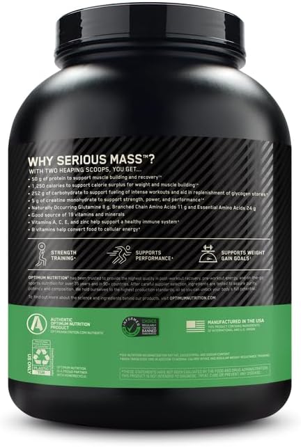 Optimum Nutrition Serious Mass, Weight Gainer Protein Powder, Mass Gainer, Vitamin C and Zinc for Immune Support, Creatine, Vanilla, 6 Pound (Packaging May Vary)