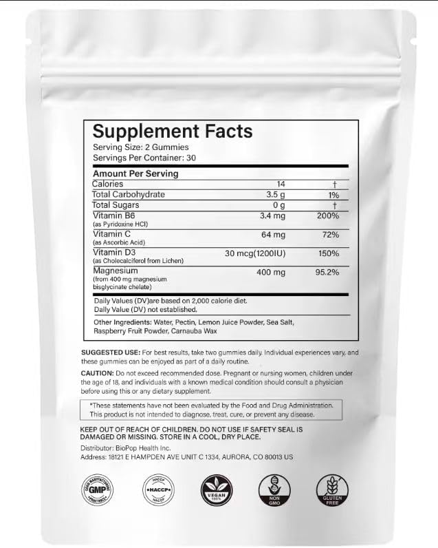 Hywebvctok 400mg Magnesium Bisglycinate Gummies with Vitamin B6, C, D3, Promotes Muscle & Nerve Function, Relaxation & Wellness, Raspberry Flavor, 60 Count
