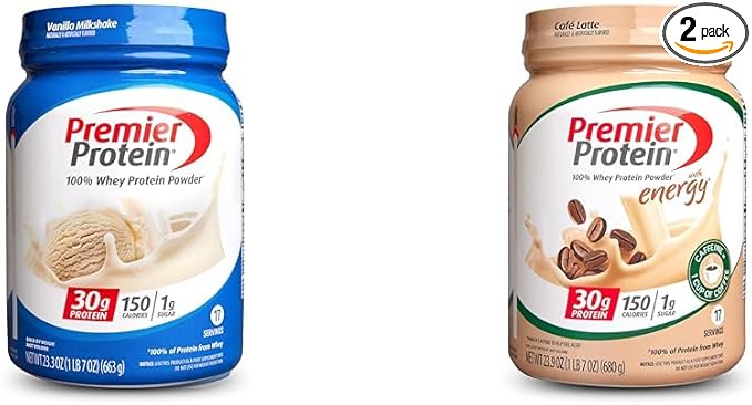 Premier Protein Powder Vanilla & Cafe Latte, 30g Protein, 1g Sugar, 17 Servings, 100% Whey, Keto, Gluten Free, 23.3 & 23.9 Ounces