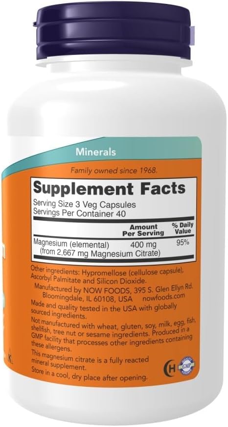 NOW Foods Supplements, Magnesium Citrate, Enzyme Function*, Nervous System Support*, 240 Veg Capsules